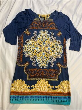 Angie Navy Tunic with Yellow & Teal Ornate Medallion